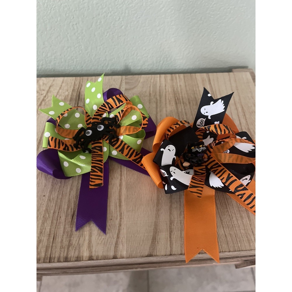 Halloween Girls Hair Bows 2 Total Black Cat & Spider No Tag - New - Picture 2 of 10